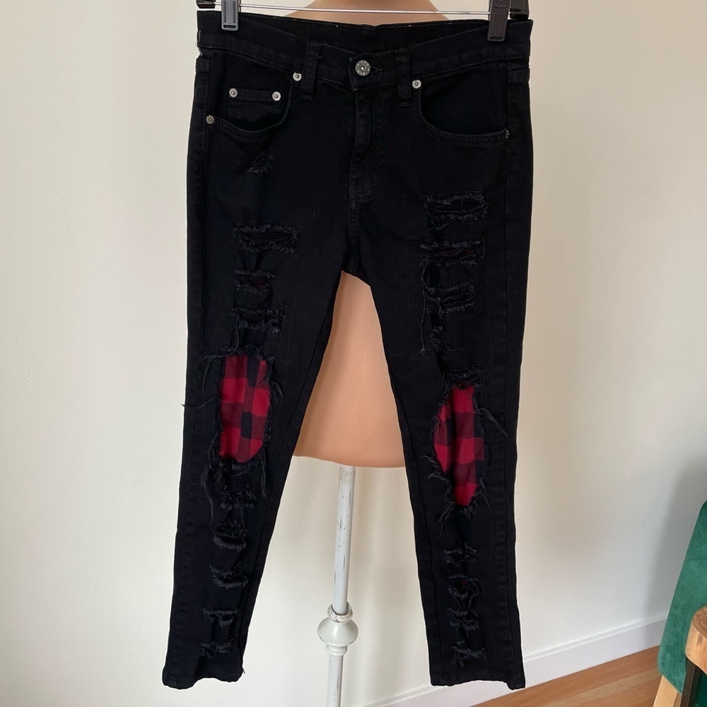 Carmar Black Distressed Plaid Patch Mid Rise Scott Punk Emo Goth Skinny Jean 26
